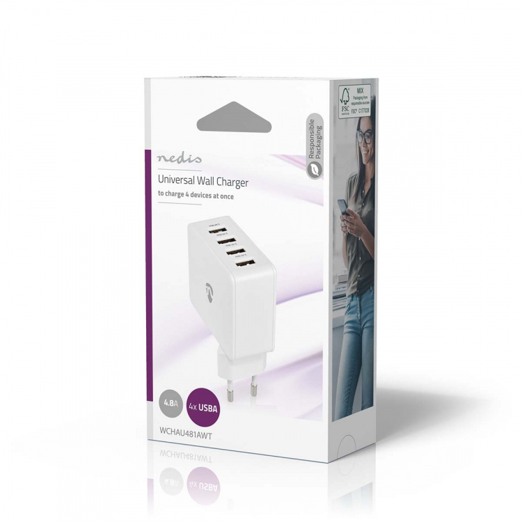 Nedis Väggladdare | 24 W | Snabbladdnings funktion | 4x 2.4 A | Antal utgångar: 4 | 4x USB-A | Utan kabel | Single Voltage Output | Vit