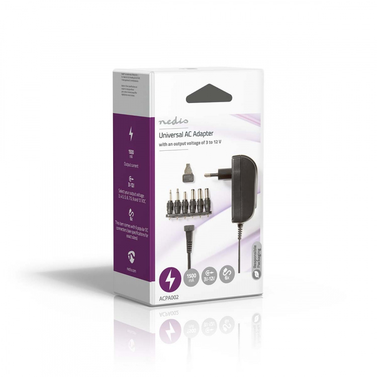 Nedis Universal nätadapter | 18 W | 3 - 12 V DC | 1.80 m | 1.5 / 2.1 A | 6 plug(s) | Svart