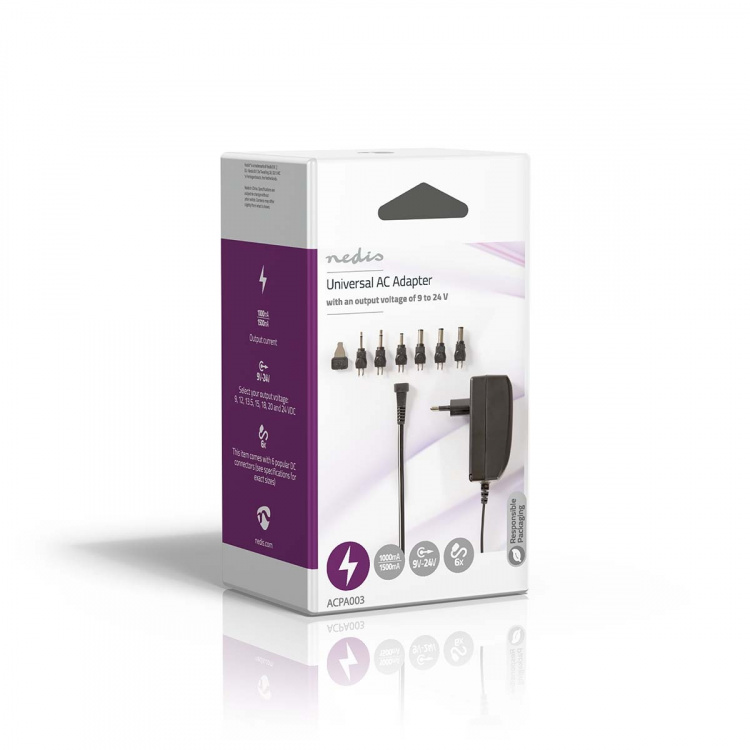 Nedis Universal nätadapter | 24 W | 9 - 24 V DC | 1.80 m | 1.0 A - 1.5 A A | 6 plug(s) | Svart