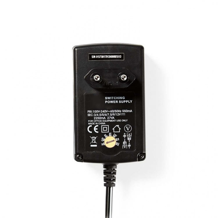 Nedis Universal nätadapter | 27 W | 3 - 12 V DC | 1.80 m | 2.25 A A | 6 plug(s) | Svart