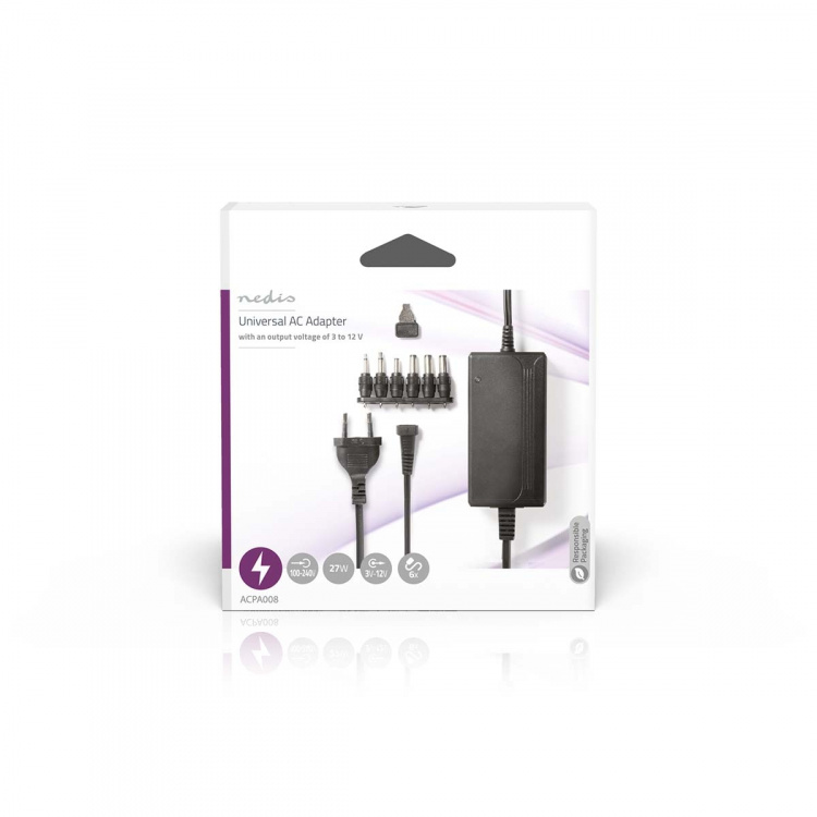 Nedis Universal nätadapter | 27 W | 3 - 12 V DC | 3.60 m | 2.25 A A | 6 plug(s) | Svart