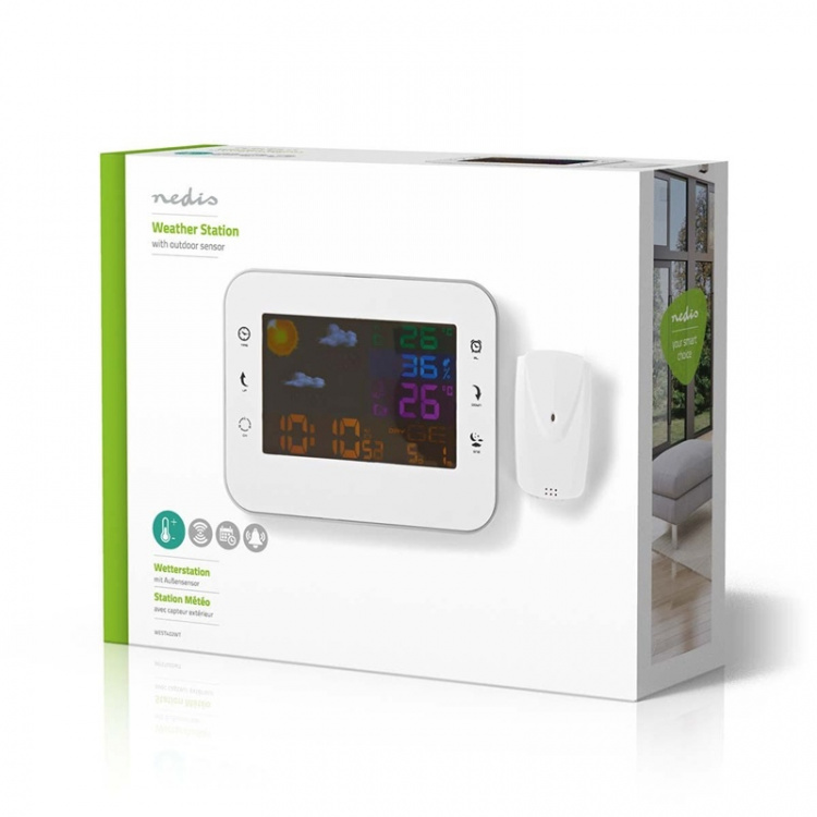 Nedis Väderstation | Inomhus & utomhus | Inklusive trådlös vädersensor | Väderprognos | Tidsdisplay | LCD | Alarmklockfunktion
