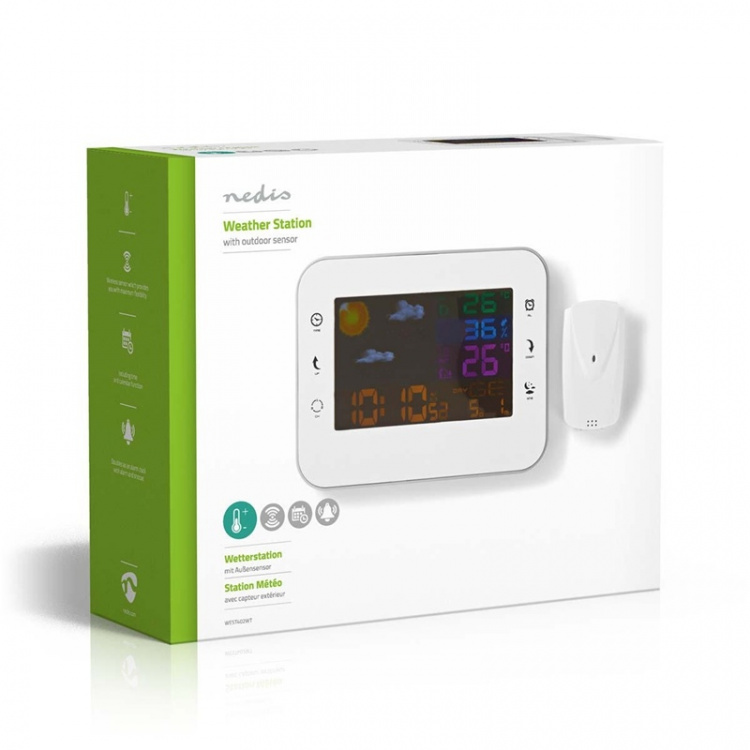 Nedis Väderstation | Inomhus & utomhus | Inklusive trådlös vädersensor | Väderprognos | Tidsdisplay | LCD | Alarmklockfunktion