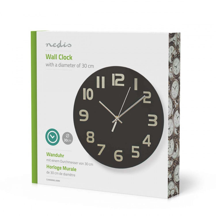 Nedis Väggklocka | Diameter: 300 mm | Glas | Svart