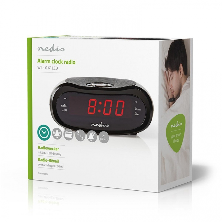 Nedis Digital klockradio | LED | AM / FM | Snooze-funktion | Sov timer | Antal alarm: 2 | Svart Nedis Digital klockradio | LED | AM / FM | Snooze-funktion | Sov timer | Antal alarm: 2 | Svart