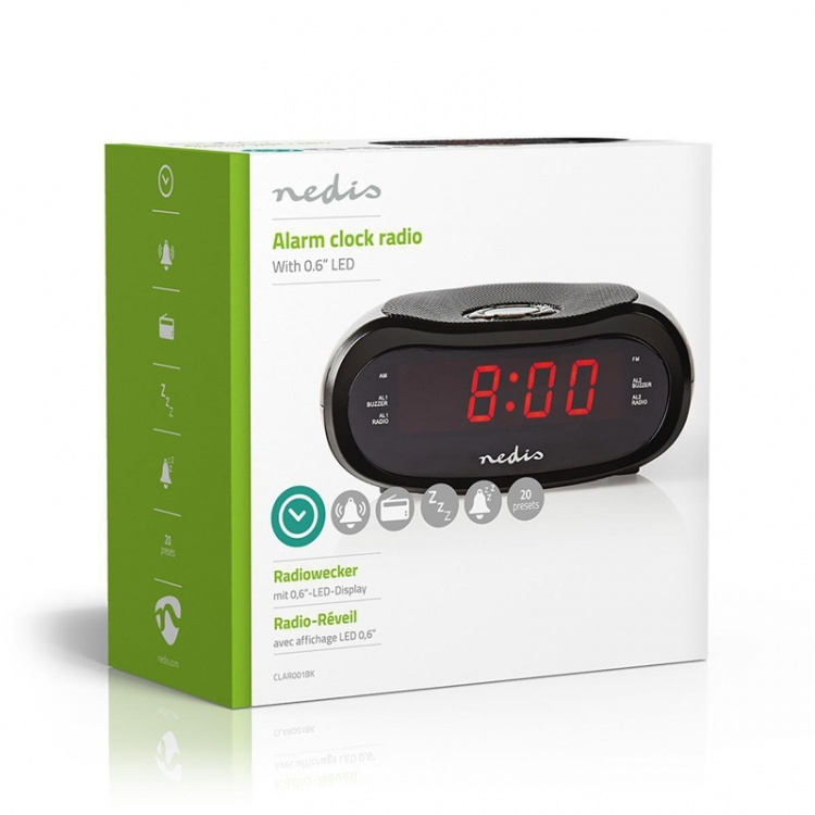Nedis Digital klockradio | LED | AM / FM | Snooze-funktion | Sov timer | Antal alarm: 2 | Svart Nedis Digital klockradio | LED | AM / FM | Snooze-funktion | Sov timer | Antal alarm: 2 | Svart