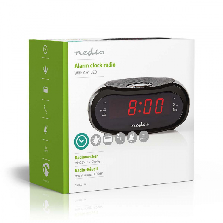 Nedis Digital klockradio | LED | AM / FM | Snooze-funktion | Sov timer | Antal alarm: 2 | Svart Nedis Digital klockradio | LED | AM / FM | Snooze-funktion | Sov timer | Antal alarm: 2 | Svart
