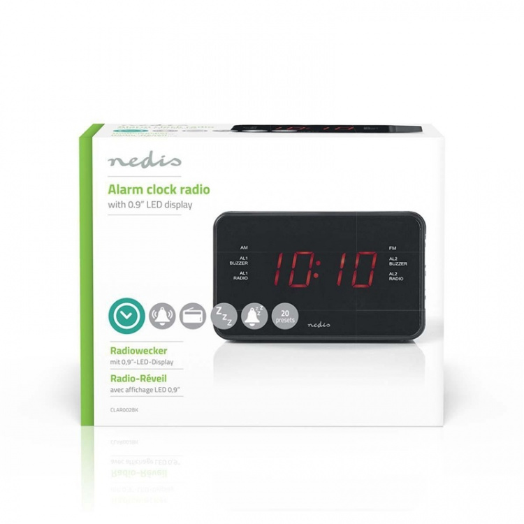 Nedis Digital klockradio | LED | 1x 3.5 mm Audio Input | Tidsprojektion | AM / FM | Snooze-funktion | Sov timer | Antal alarm: 2 | Svart