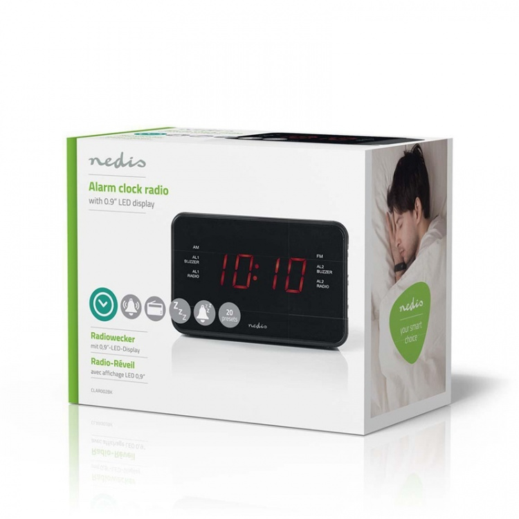Nedis Digital klockradio | LED | 1x 3.5 mm Audio Input | Tidsprojektion | AM / FM | Snooze-funktion | Sov timer | Antal alarm: 2 | Svart