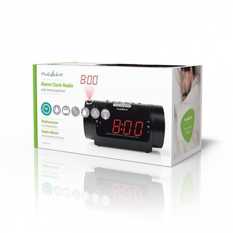 Nedis Digital klockradio | LED | Tidsprojektion | AM / FM | Snooze-funktion | Sov timer | Antal alarm: 2 | Svart Nedis Digital klockradio | LED | Tidsprojektion | AM / FM | Snooze-funktion | Sov timer | Antal alarm: 2 | Svart