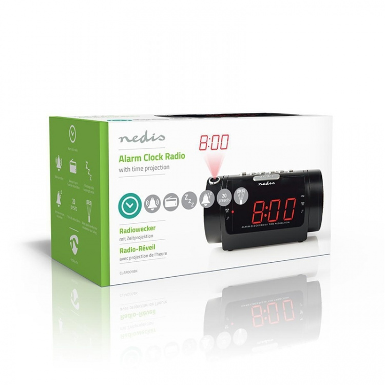 Nedis Digital klockradio | LED | Tidsprojektion | AM / FM | Snooze-funktion | Sov timer | Antal alarm: 2 | Svart Nedis Digital klockradio | LED | Tidsprojektion | AM / FM | Snooze-funktion | Sov timer | Antal alarm: 2 | Svart