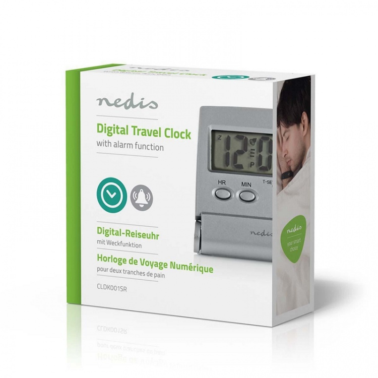 Nedis Digital skrivbords alarmklocka | LCD-skärm bakgrundsbelysning | 1.7 cm | Bakgrundsbelysning | Vikbar | Används för: Resa | Snooze-funktion | Ja | Silver