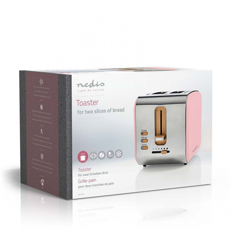 Nedis Brödrost med 2 breda uttag, 900W, Rosa, Soft-touch