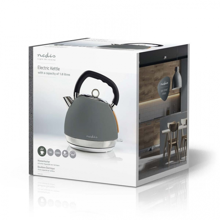 Nedis Vatten kokare | 1.8 l | Soft-Touch | Grå | Roterbar 360 grader | Dolt värmeelement | Strix® kontroll | Koka-tort funktion Nedis Vatten kokare | 1.8 l | Soft-Touch | Grå | Roterbar 360 grader | Dolt värmeelement | Strix® kontroll | Koka-tort funktion