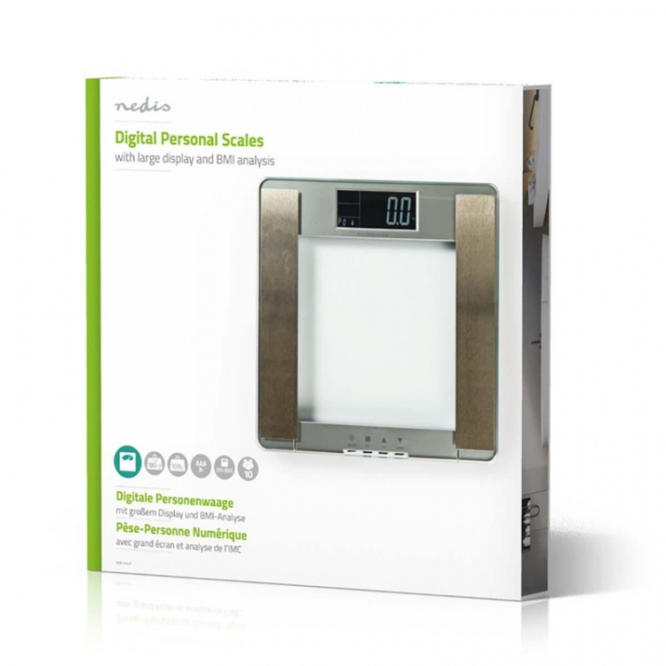 Nedis Personvåg | Digital | Silver | Härdat Glas | Maximal vägningskapacitet: 180 kg | Kroppsanalys