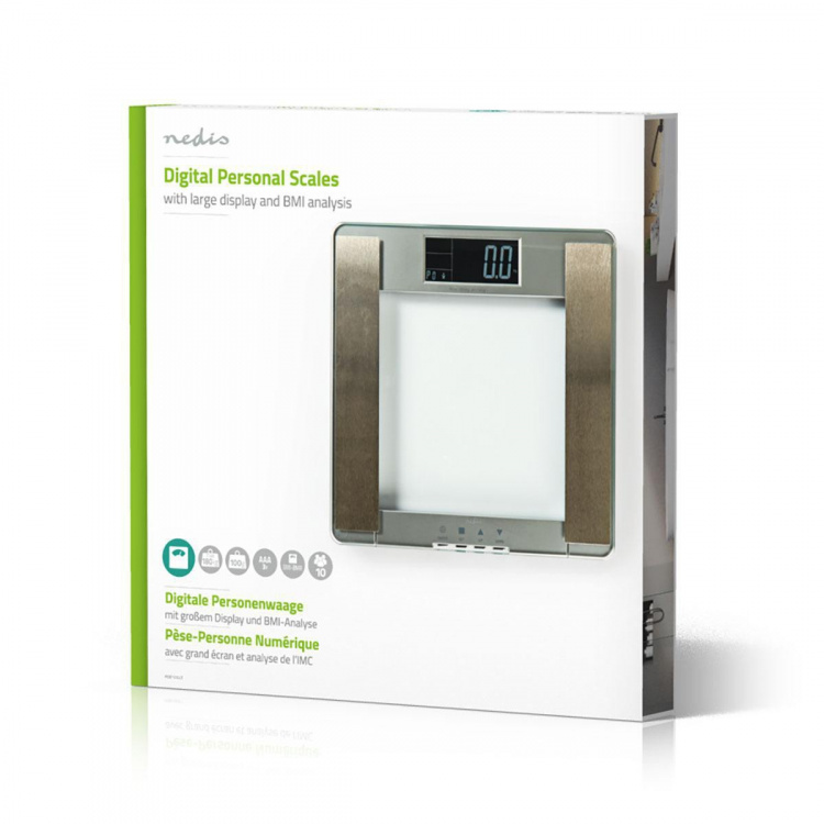 Nedis Personvåg | Digital | Silver | Härdat Glas | Maximal vägningskapacitet: 180 kg | Kroppsanalys