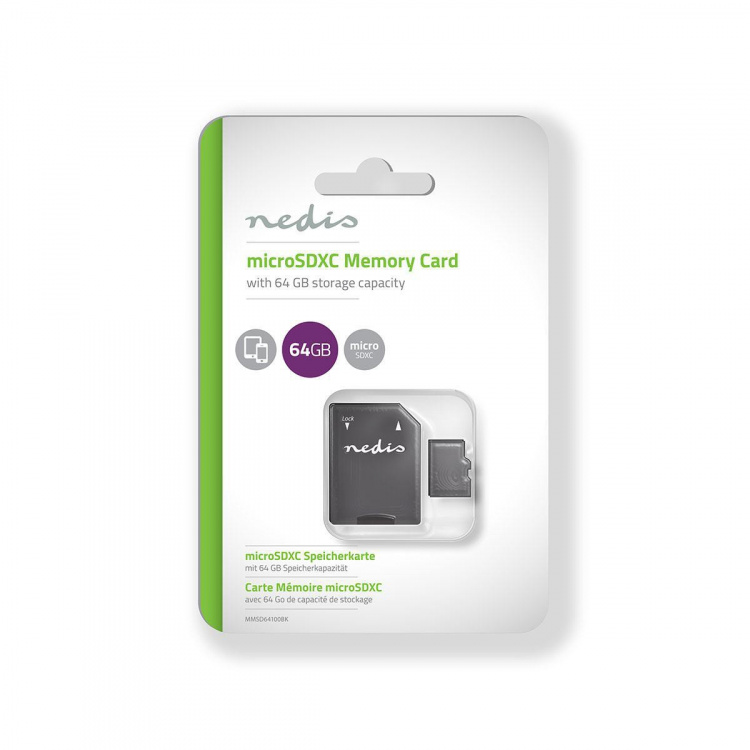 Nedis microSD-minneskort | microSDXC | 64 GB | Skrivhastighet: 50 MB/s | Läshastighet: 100 MB/s | UHS-I | SD-adapter ingår