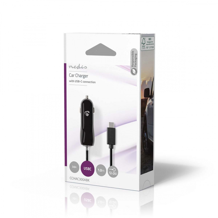 Nedis Billaddare | 15 W | 1x 3.0 A | Antal utgångar: 1 | USB-C™ (Fast) Kabel | 1.00 m | Single Voltage Output