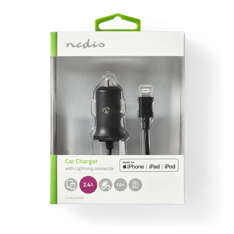 Nedis Billaddare | 12 W | 1x 2.4 A | Antal utgångar: 1 | Lightning 8-Pin (Fast) Kabel | 1.00 m | Single Voltage Output