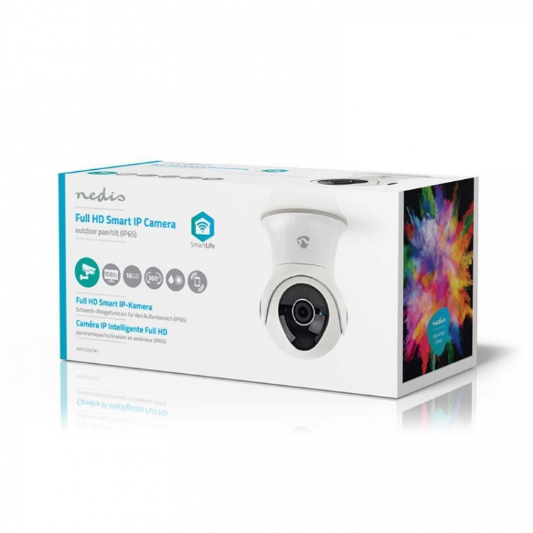 Nedis SmartLife Utomhus Kamera | Full HD 1080p | Panorera lutning | IP65 | Internt 16 GB / Molnlagring (tillval) | 12 V DC | Med rörelsesensor | Nattsikt | Vit