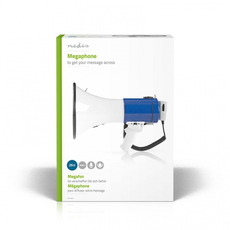 Nedis Megafon | Maximal räckvidd: 1500 m | Maximal volymkontroll: 120 dB | Avtagbar mikrofon | Inbygd siren | Axelrem | Blå / Vit Nedis Megafon | Maximal räckvidd: 1500 m | Maximal volymkontroll: 120 dB | Avtagbar mikrofon | Inbygd siren | Axelrem | Blå / Vit