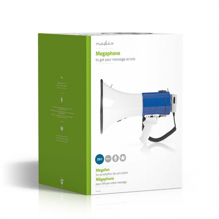 Nedis Megafon | Maximal räckvidd: 1500 m | Maximal volymkontroll: 120 dB | Avtagbar mikrofon | Inbygd siren | Axelrem | Blå / Vit Nedis Megafon | Maximal räckvidd: 1500 m | Maximal volymkontroll: 120 dB | Avtagbar mikrofon | Inbygd siren | Axelrem | Blå / Vit