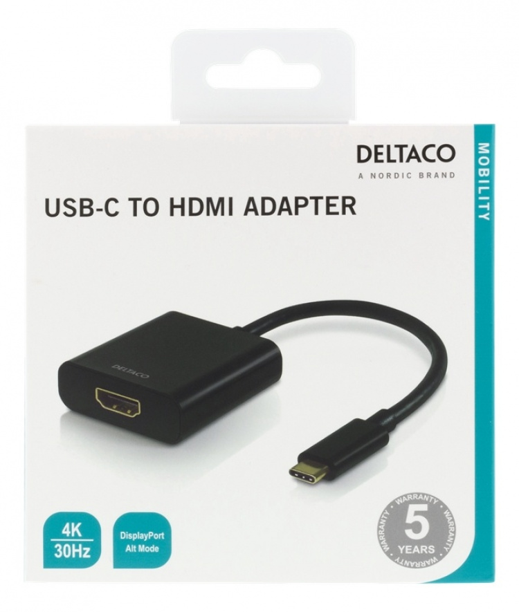 DELTACO USB-C till HDMI adapter, 4096x2160 30Hz, svart