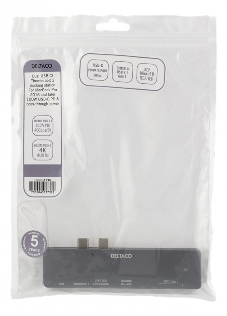 DELTACO Dual USB-C Dock för MacBook Pro 2016, Thunderbolt 3, 100W USB-