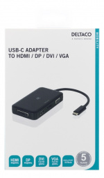 DELTACO USB-C till HDMI/DP/DVI/VGA-adapter, 4K, DP Alt Mode, svart