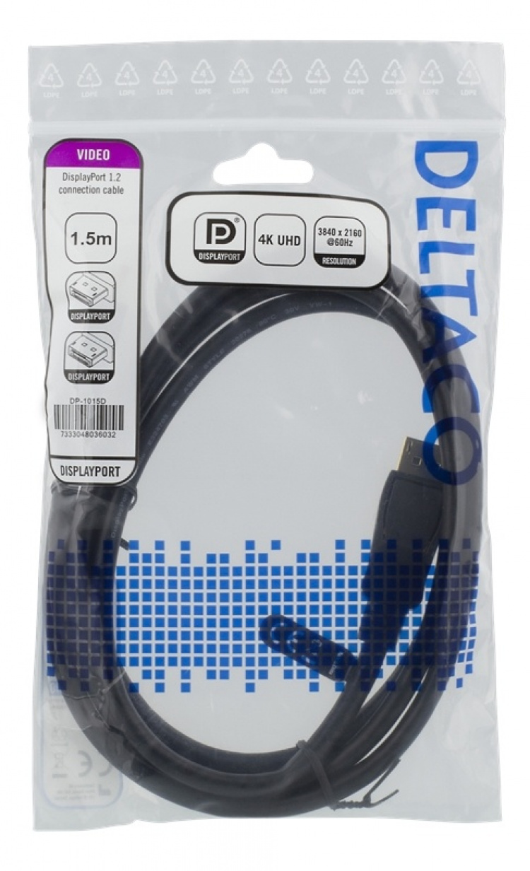 DELTACO DisplayPort cable, 1,5m, 4K UHD, DP 1.2, black