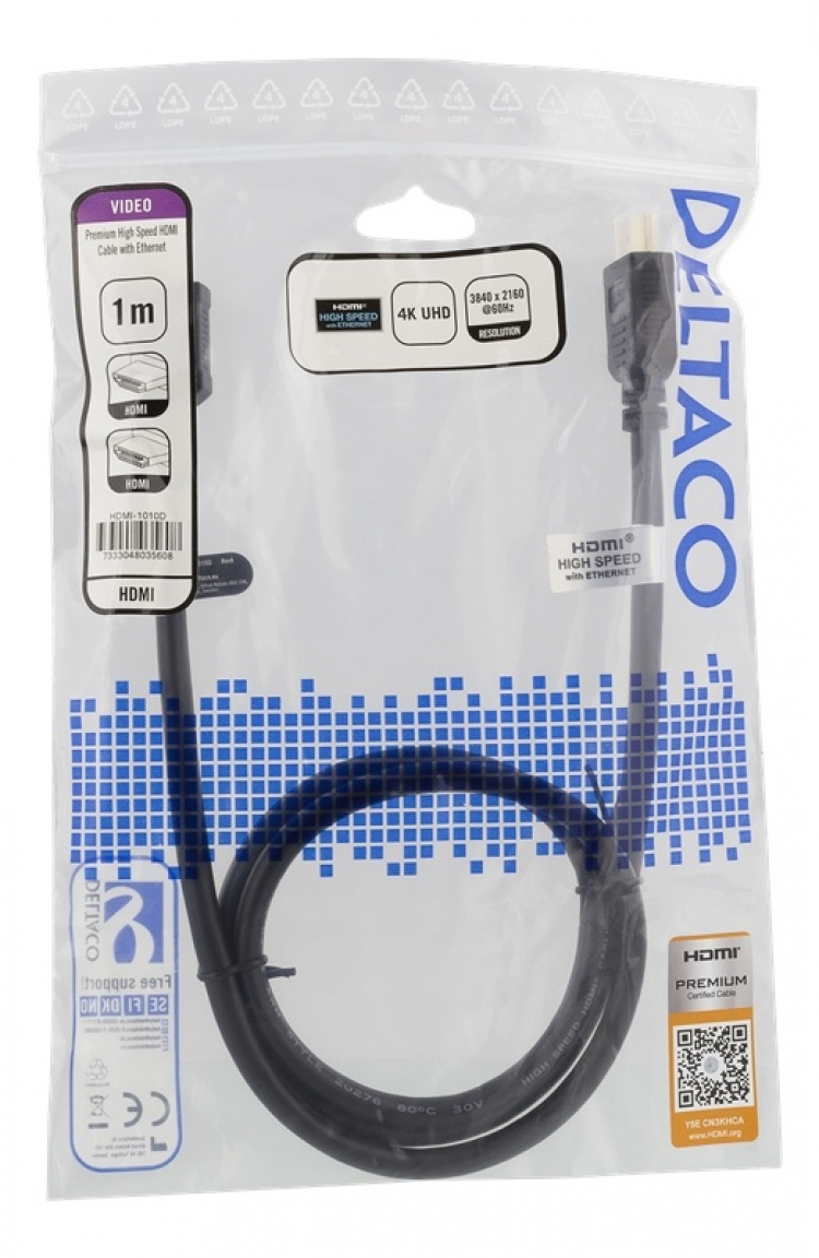DELTACO High-Speed Premium HDMI-kabel, 1m, Ethernet, 4K UHD, svart