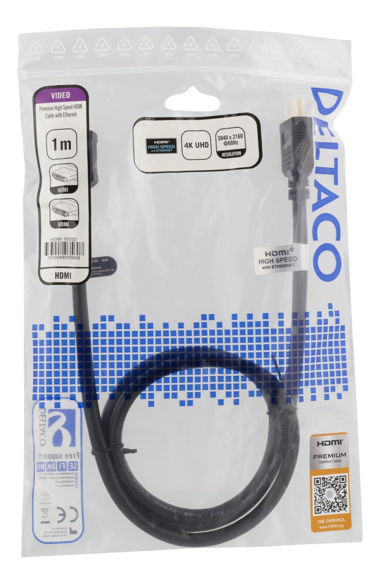 DELTACO High-Speed Premium HDMI-kabel, 1m, Ethernet, 4K UHD, svart
