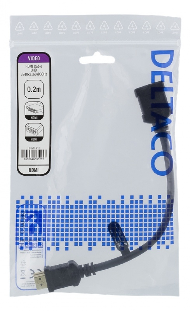 DELTACO Flexibel HDMI-adapter, 0,2 m, HDMI M/F, UHD, svart