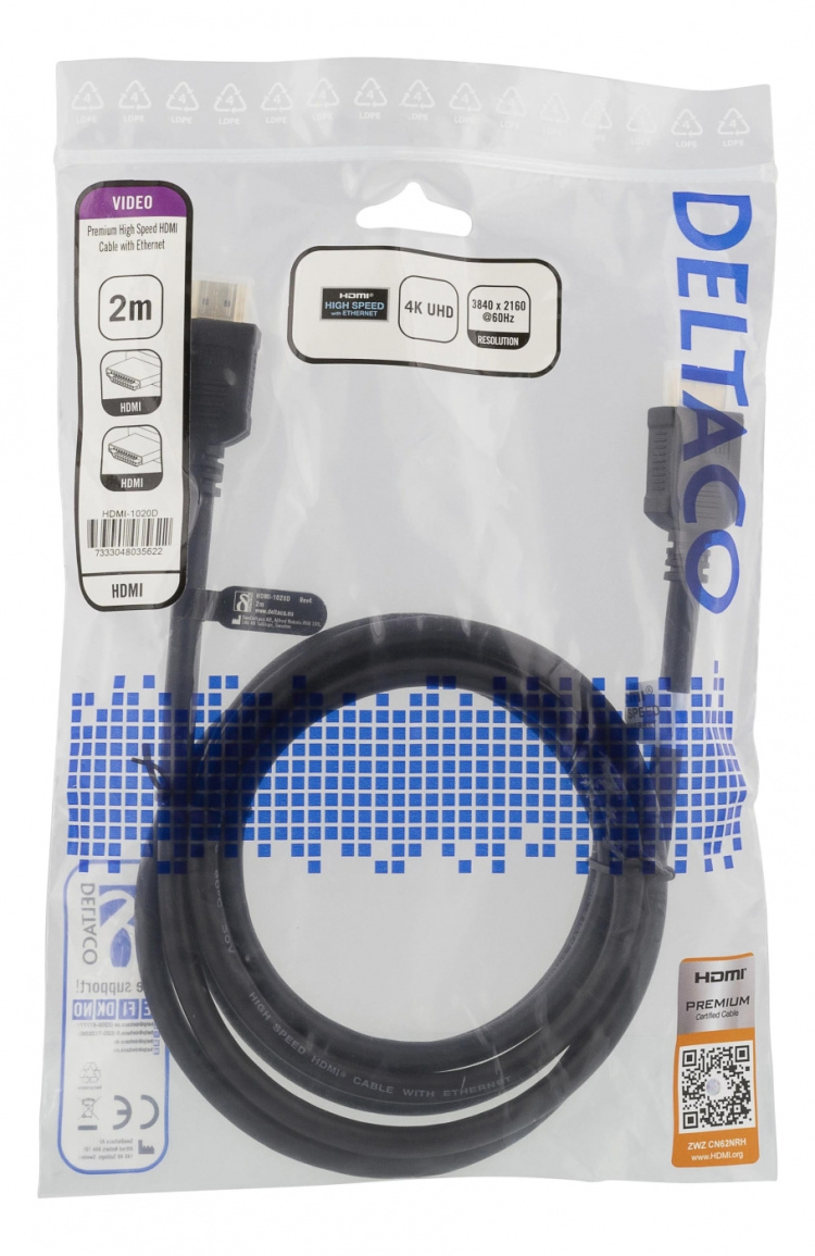 DELTACO High-Speed Premium HDMI-kabel, 2m, Ethernet, 4K UHD, svart