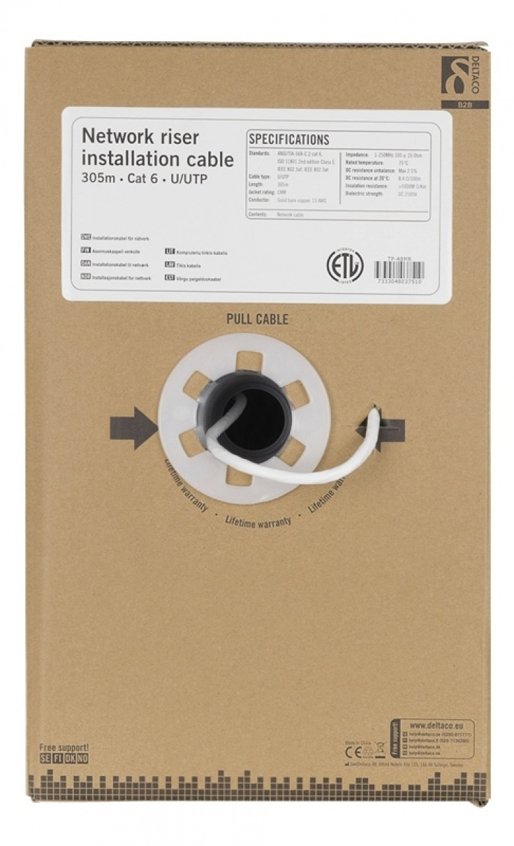 DELTACO U/UTP Cat6 riser installationskabel, 305m box, 250MHz, Delta-c