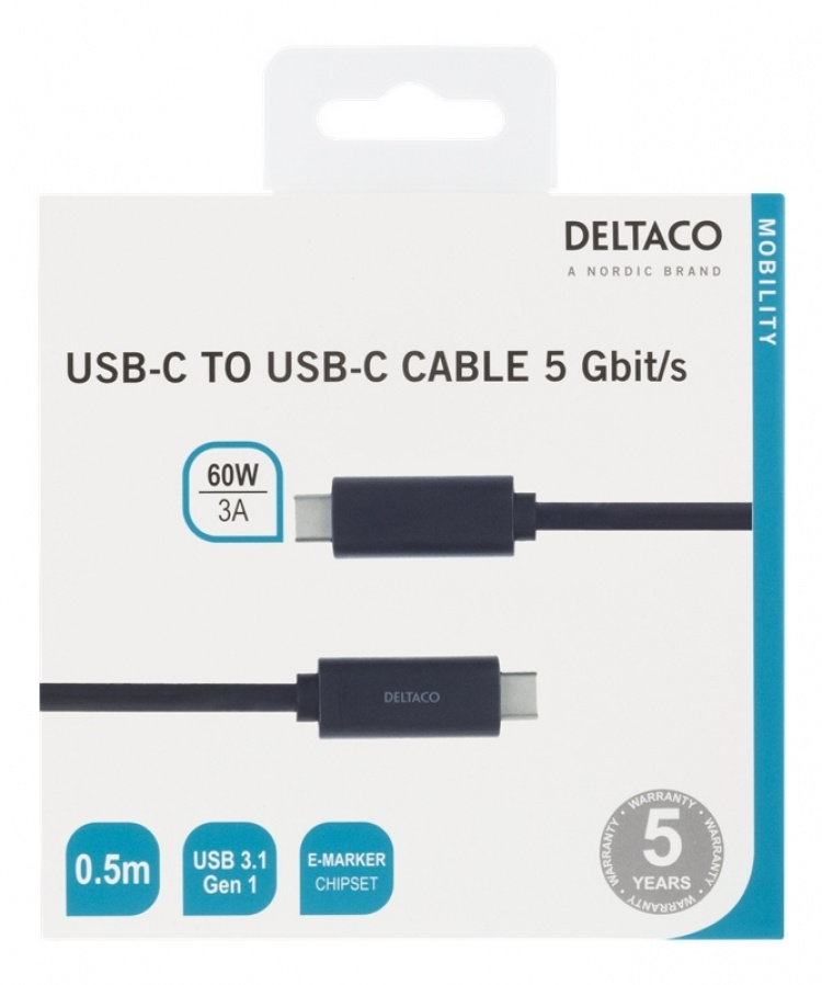 DELTACO USB-C kabel, 0,5m, USB 3.1 Gen 1, svart