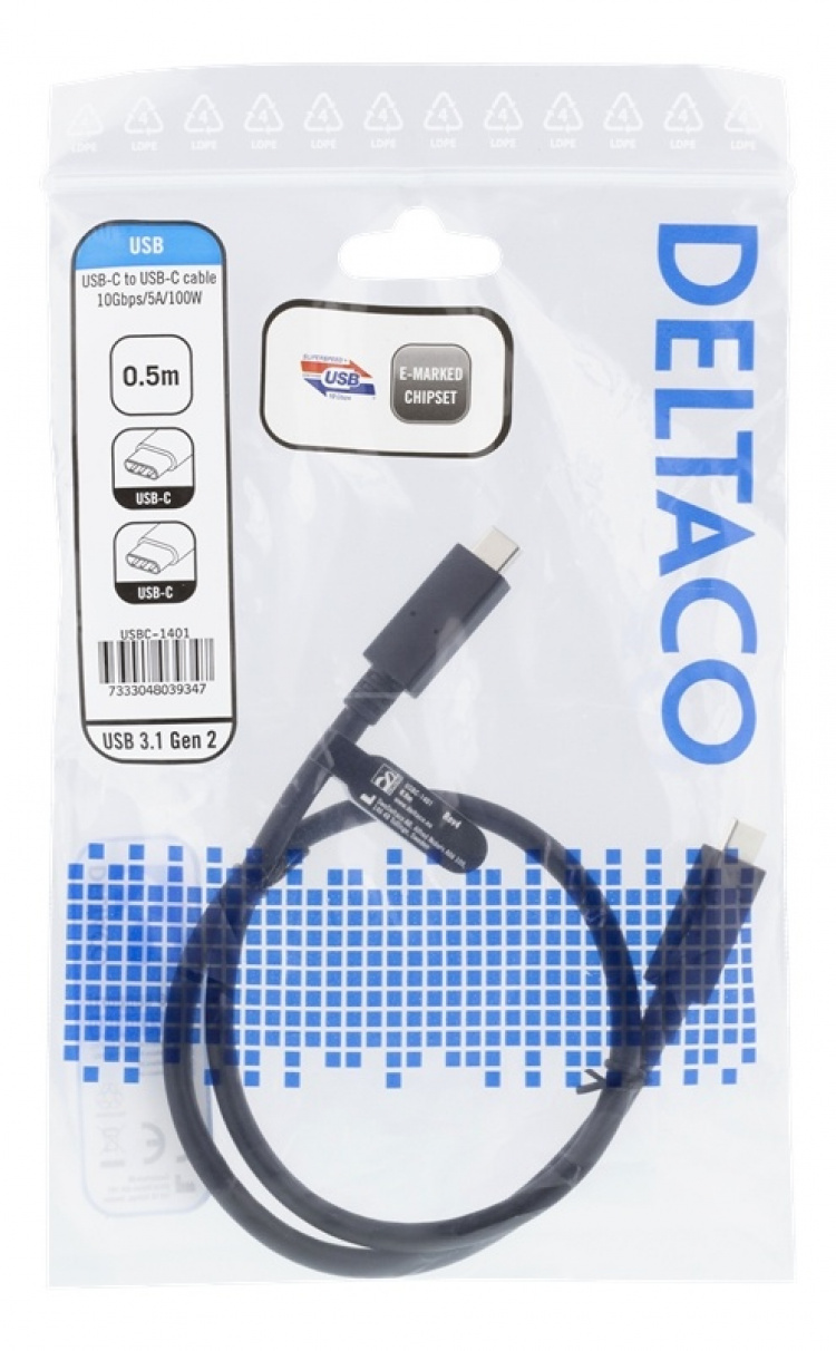 DELTACO USB-C till USB-C-kabel, 0,5m, 10Gbps, 100W 5A, USB 3.1 Gen 2,