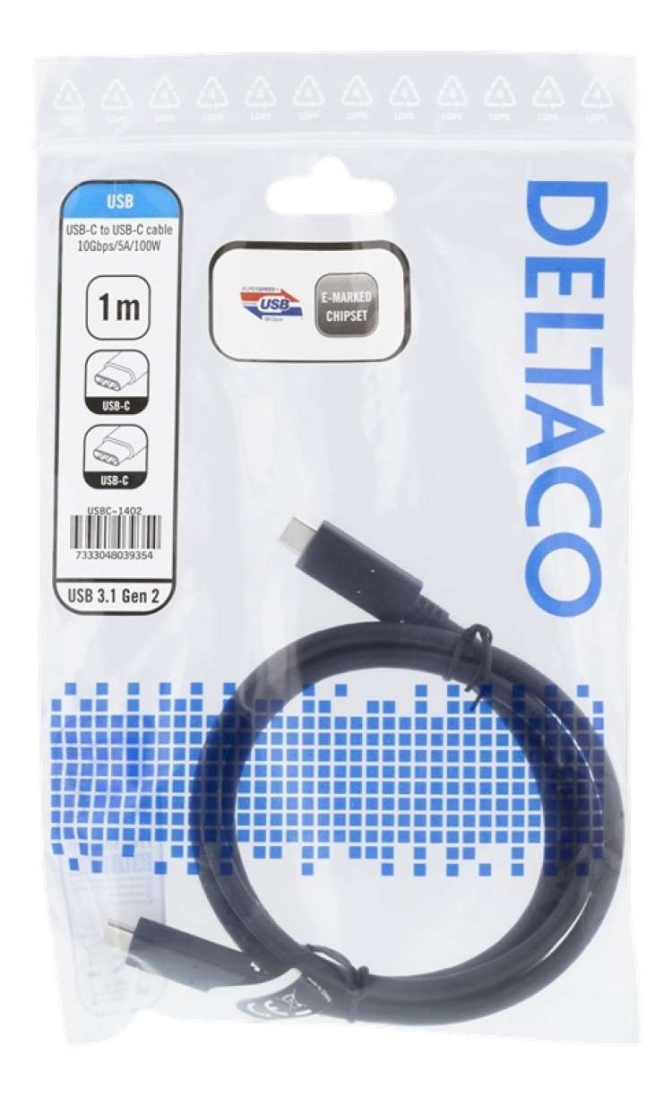DELTACO USB-C till USB-C-kabel, 1m, 10Gbps, 100W 5A, USB 3.1 Gen 2, E-