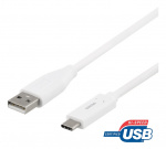 DELTACO USB-C till USB-A kabel, 1m, 3A, USB 2.0, vit