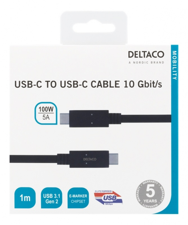 DELTACO USB-C till USB-C-kabel, 1m, 10Gbps, 100W 5A, USB 3.1 Gen 2, E- DELTACO USB-C till USB-C-kabel, 1m, 10Gbps, 100W 5A, USB 3.1 Gen 2, E-