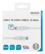 DELTACO USB-C till USB-C-kabel, 0,5m, 10Gbps, 100W 5A, USB 3.1 Gen 2,