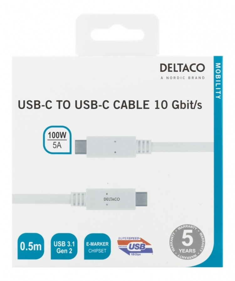 DELTACO USB-C till USB-C-kabel, 0,5m, 10Gbps, 100W 5A, USB 3.1 Gen 2,