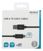 DELTACO USB-A till USB-C-kabel, 2m, USB 2.0, flätad, svart