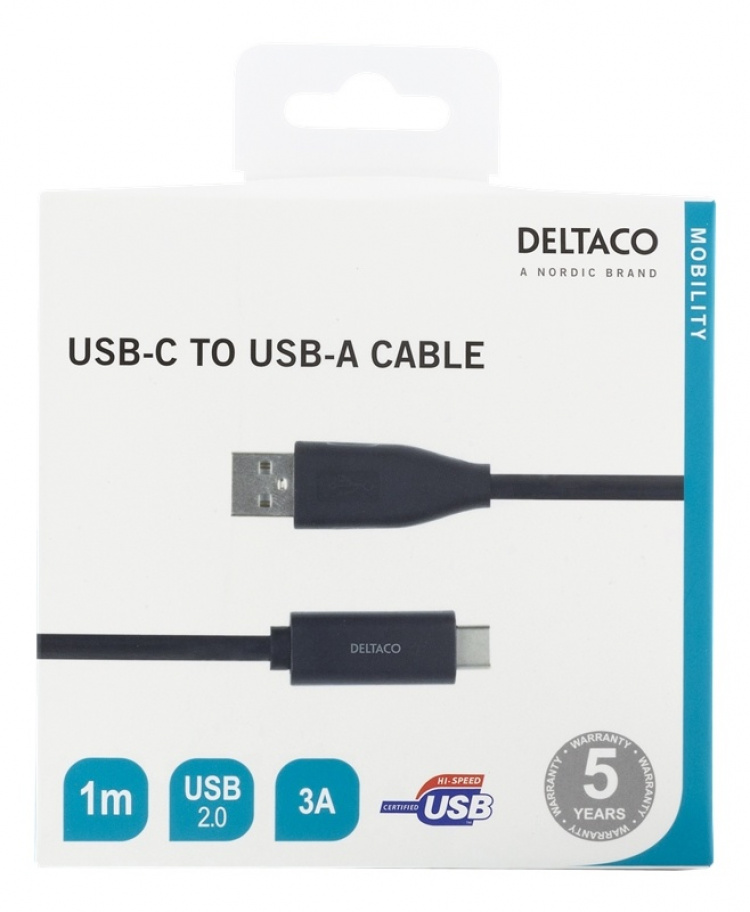 DELTACO USB-C till USB-A kabel, 1m, 3A, USB 2.0, svart