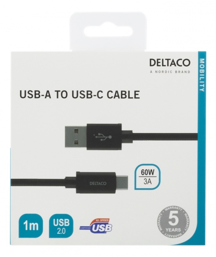 DELTACO USB-A till USB-C-kabel, 1m, USB 2.0, flätad, svart