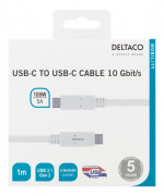 DELTACO USB-C - USB-C kabel, 1m, USB 3.1 Gen 2, E-marker chipset, vit