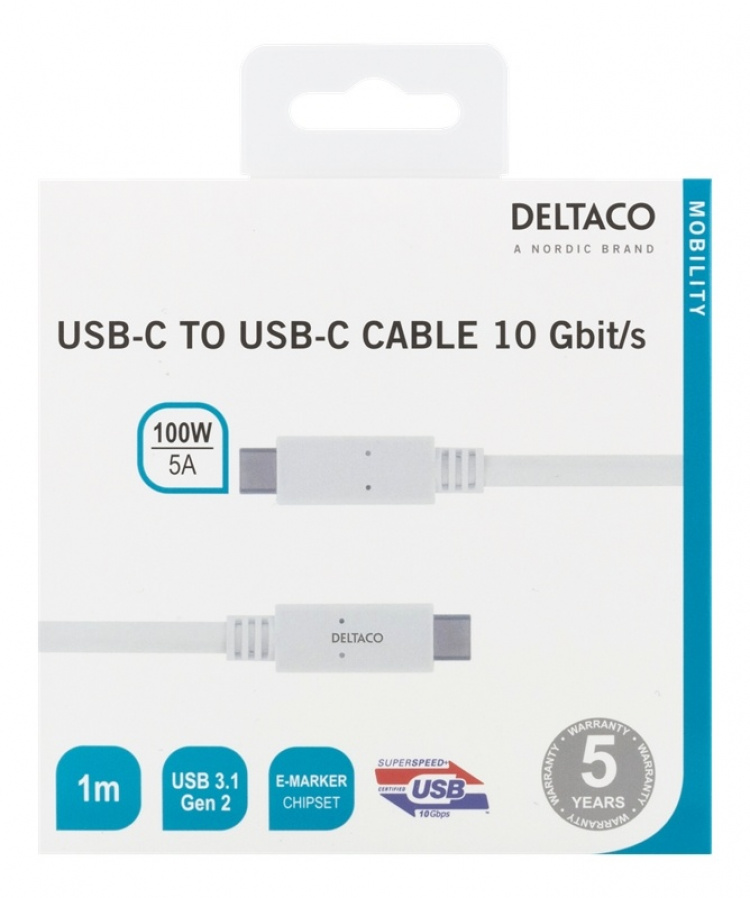 DELTACO USB-C - USB-C kabel, 1m, USB 3.1 Gen 2, E-marker chipset, vit