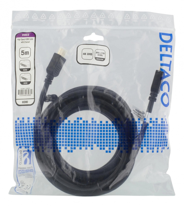 DELTACO High-Speed HDMI-kabel, 5m, Ethernet, 4K UHD, svart