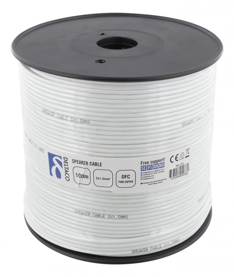 DELTACO högtalarkabel, 2x1,5mm2, okontakterad, ren koppar, 100m, vit