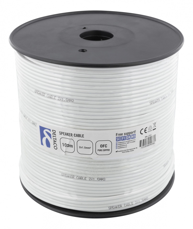 DELTACO högtalarkabel, 2x1,5mm2, okontakterad, ren koppar, 100m, vit